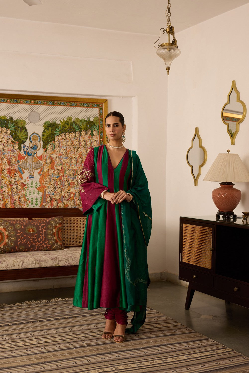 Mehroon green Embroidered chanderi Silk anarkali Suit