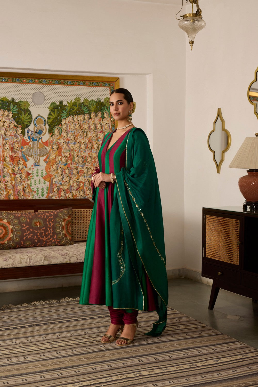 Mehroon green Embroidered chanderi Silk anarkali Suit