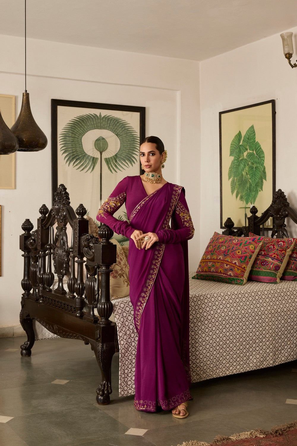 Purple Embroidered crepe saree