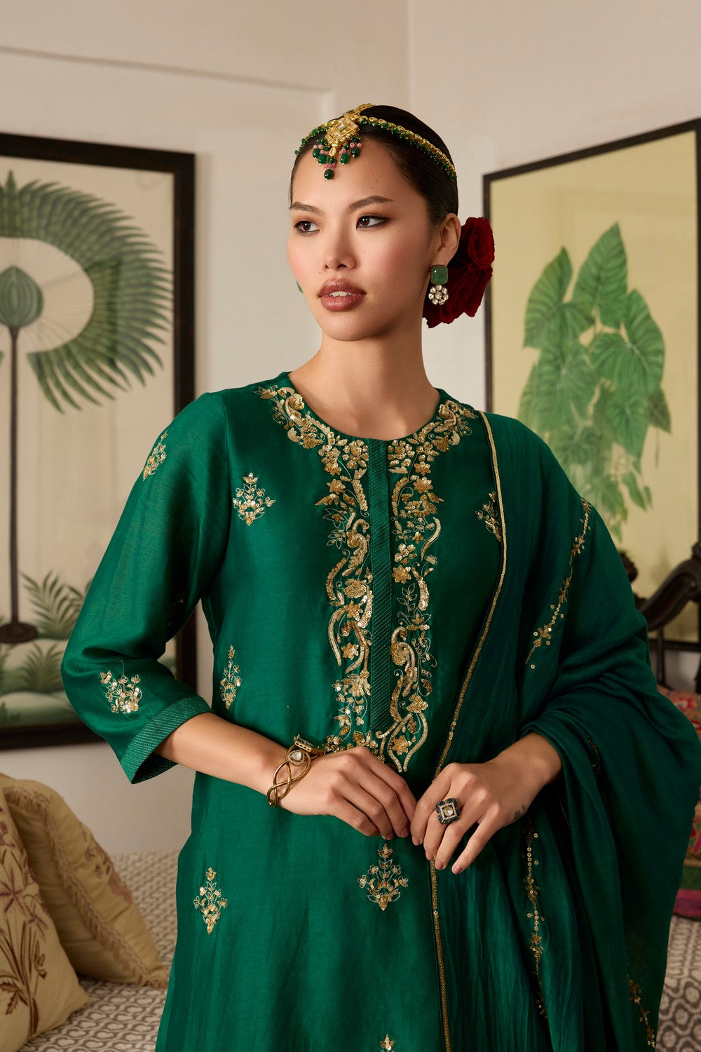 Bottle Green hand Embroidered Chanderi Silk Suit