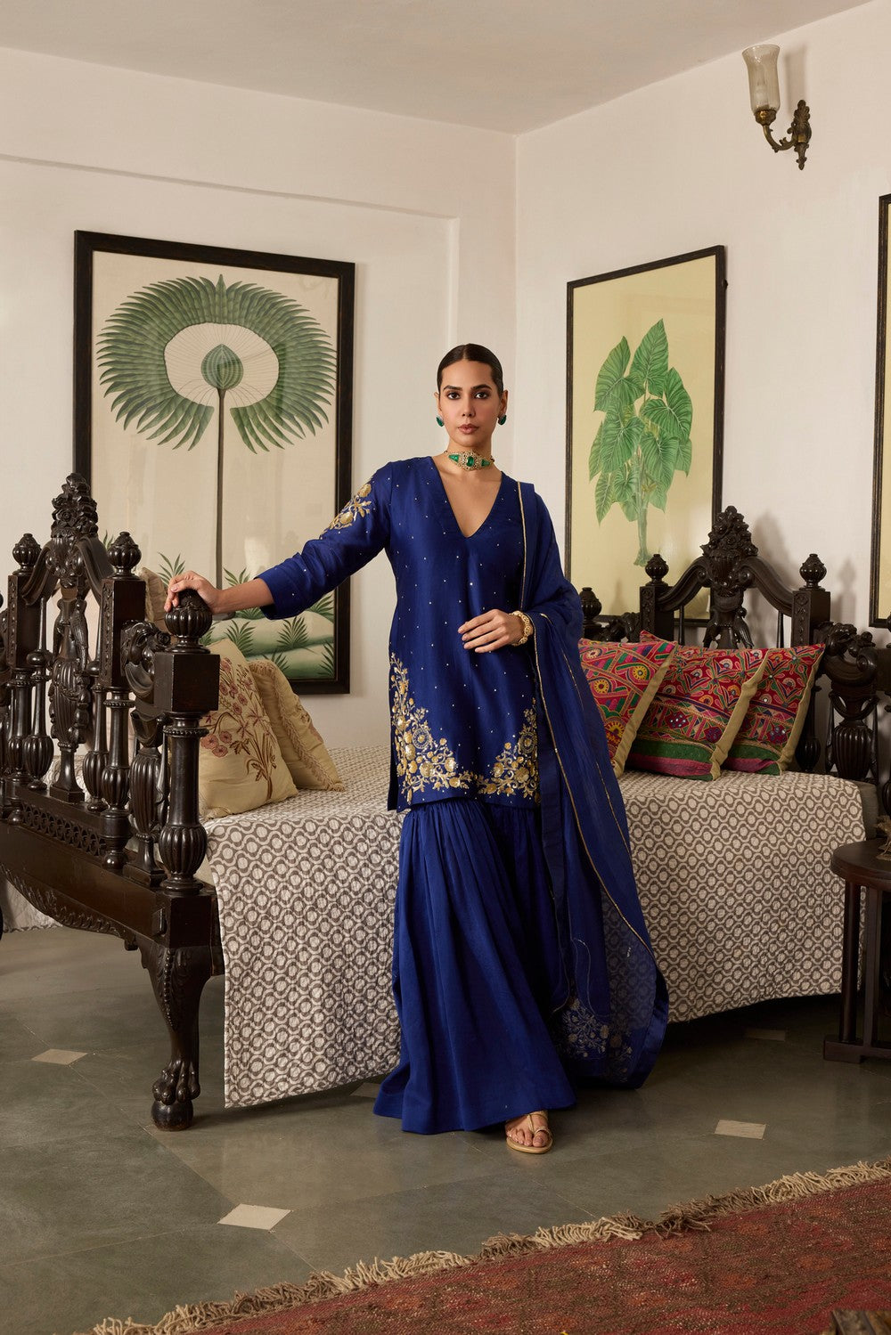 Blue hand Embroidered Chanderi Silk sharara suit