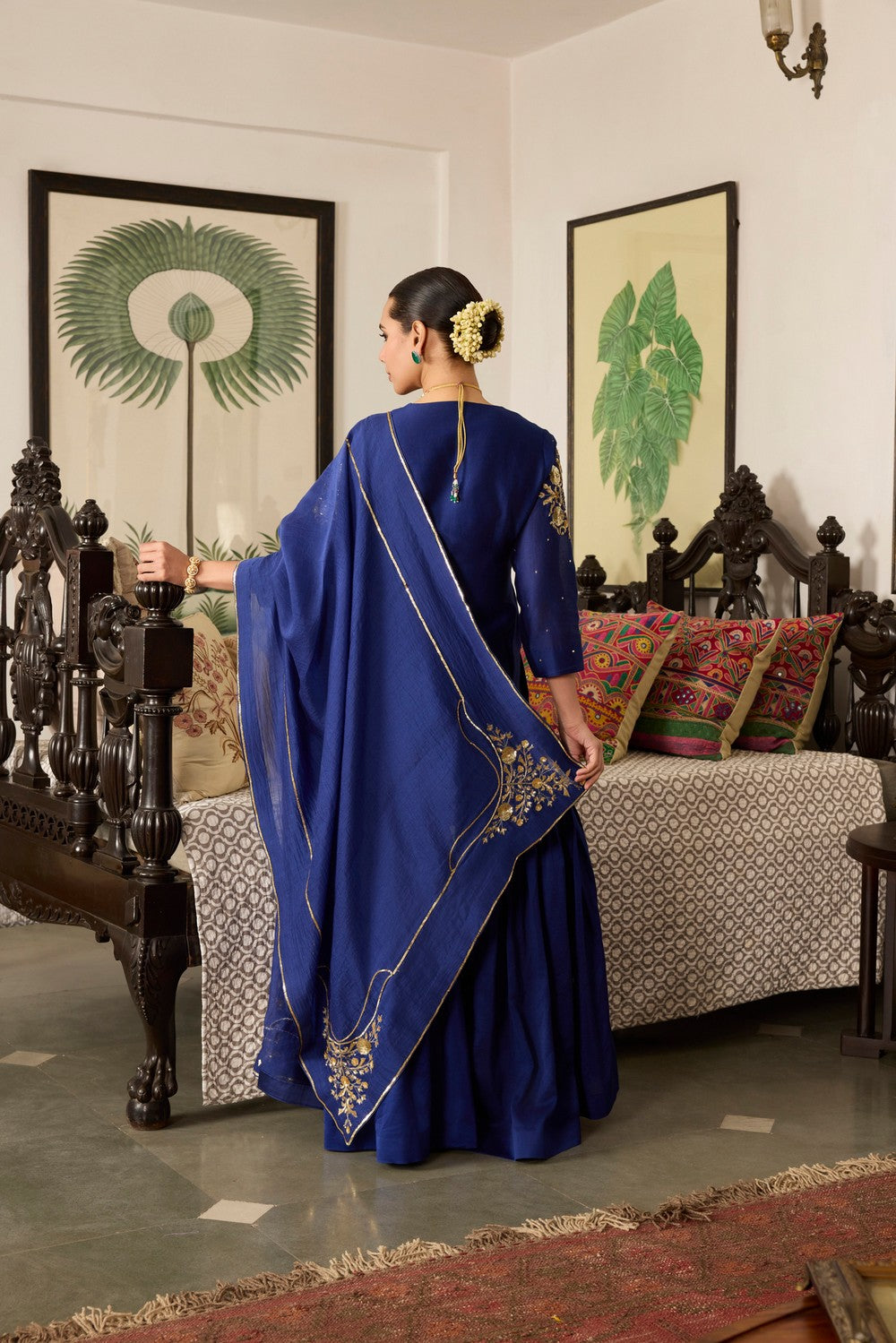Blue hand Embroidered Chanderi Silk sharara suit