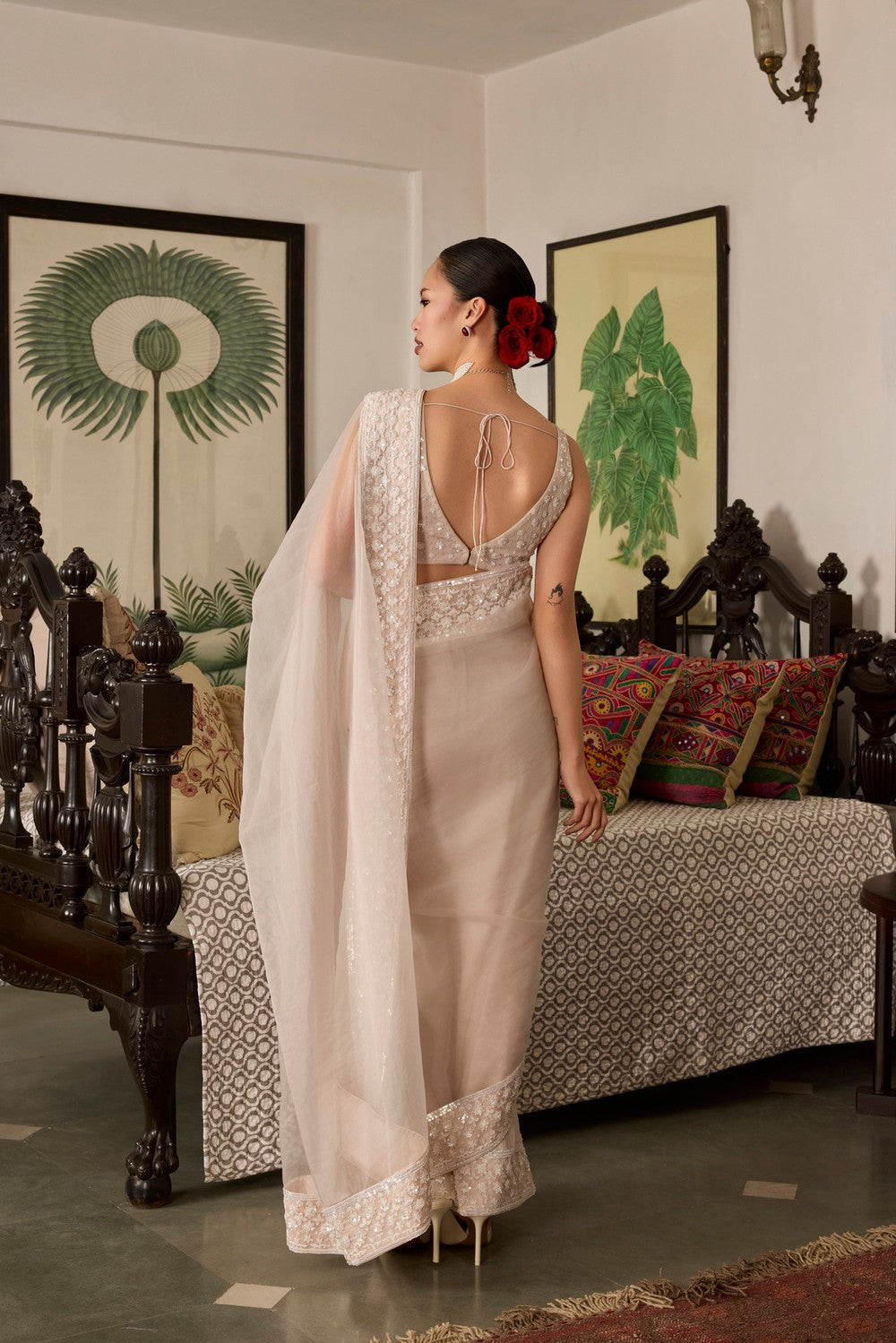 Rose pink Embroidered organza saree