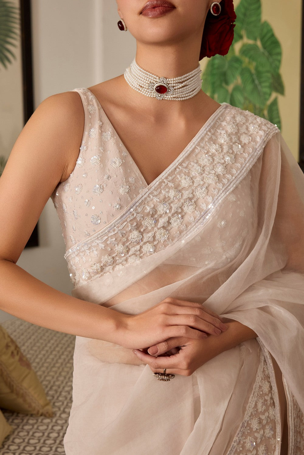 Rose pink Embroidered organza saree