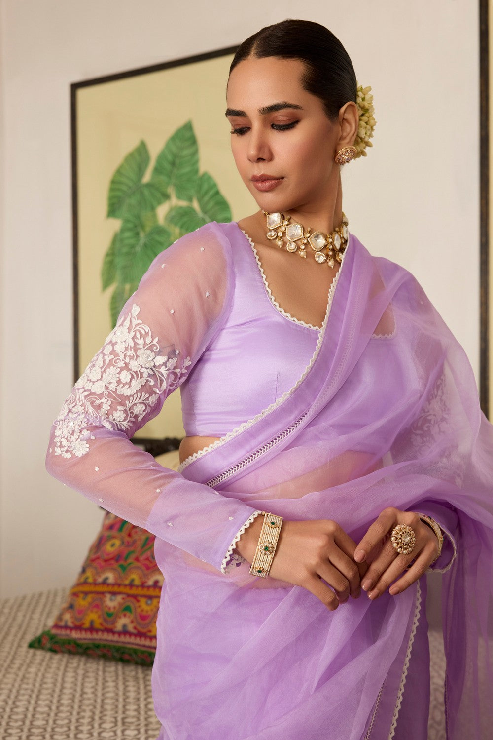 Lavender Embroidered organza saree