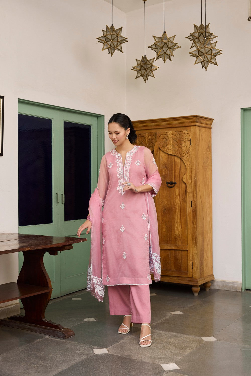 Pink Embroidered organza Suit