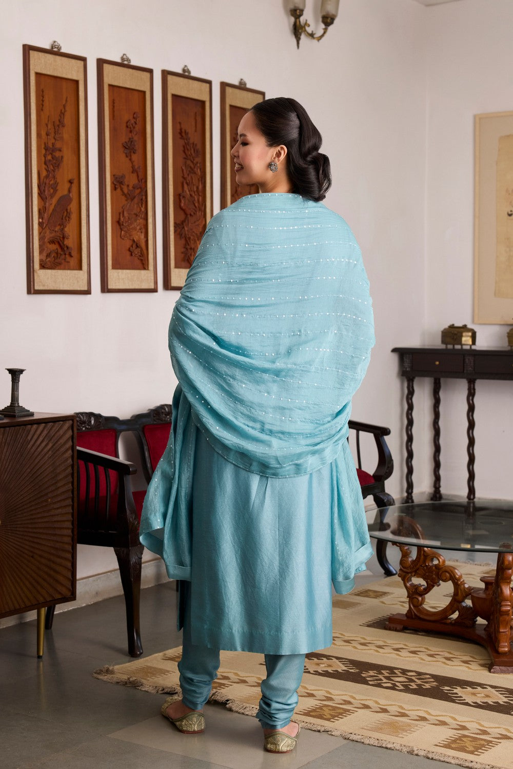 Blue Embroidered chanderi Silk Suit