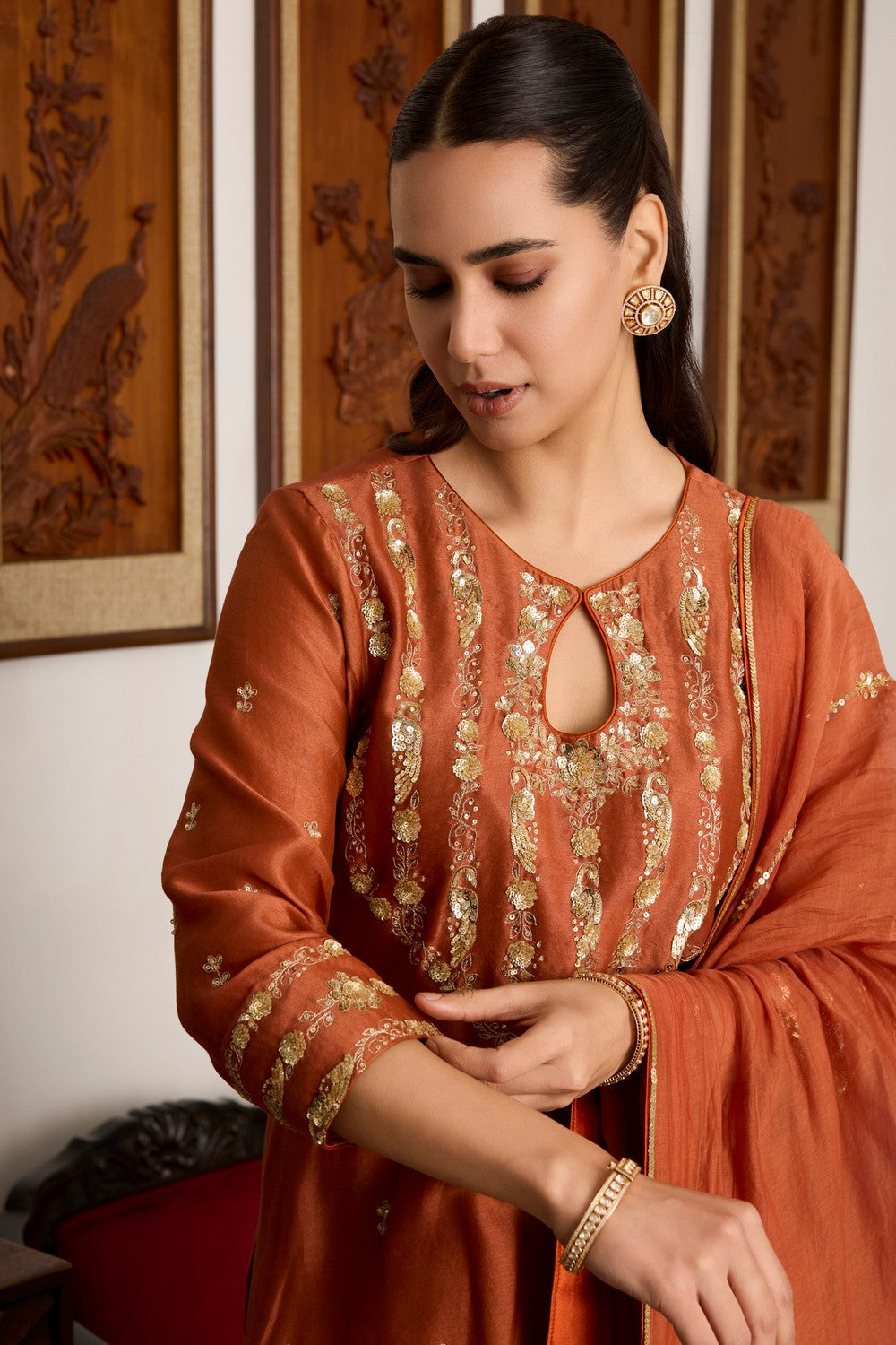 Brown Embroidered Chanderi Silk Suit