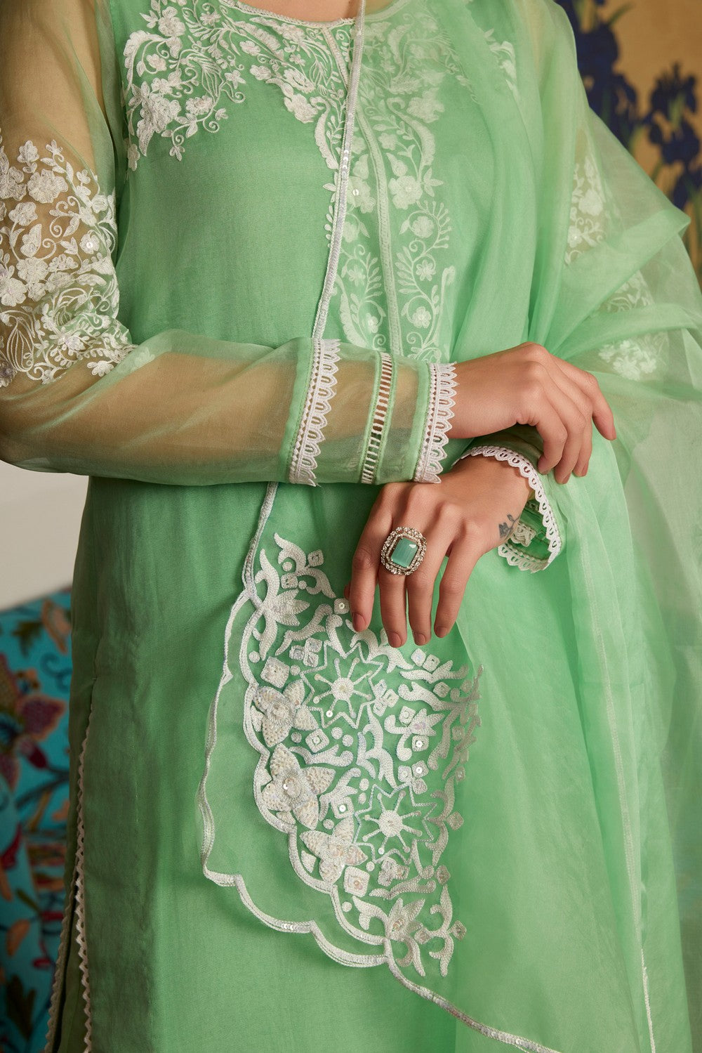 Green Embroidered organza Suit
