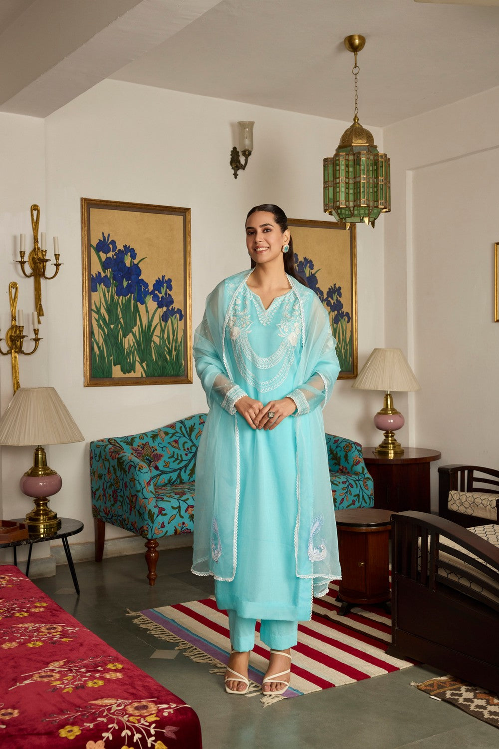 Blue Embroidered organza Suit