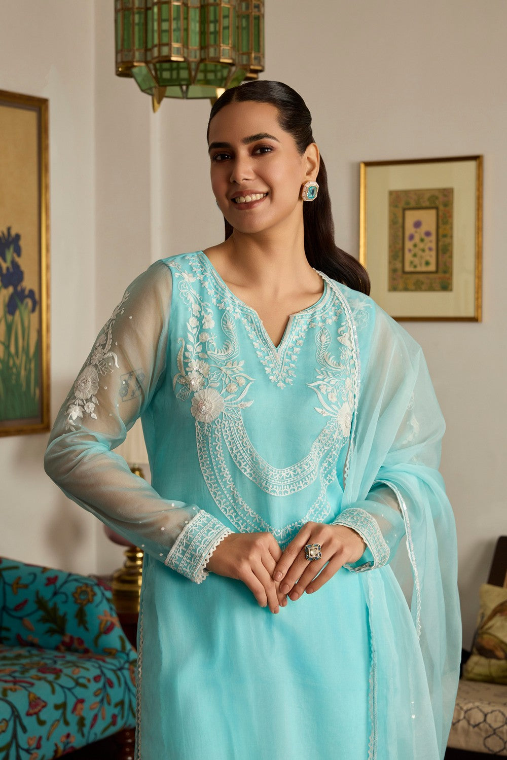 Blue Embroidered organza Suit