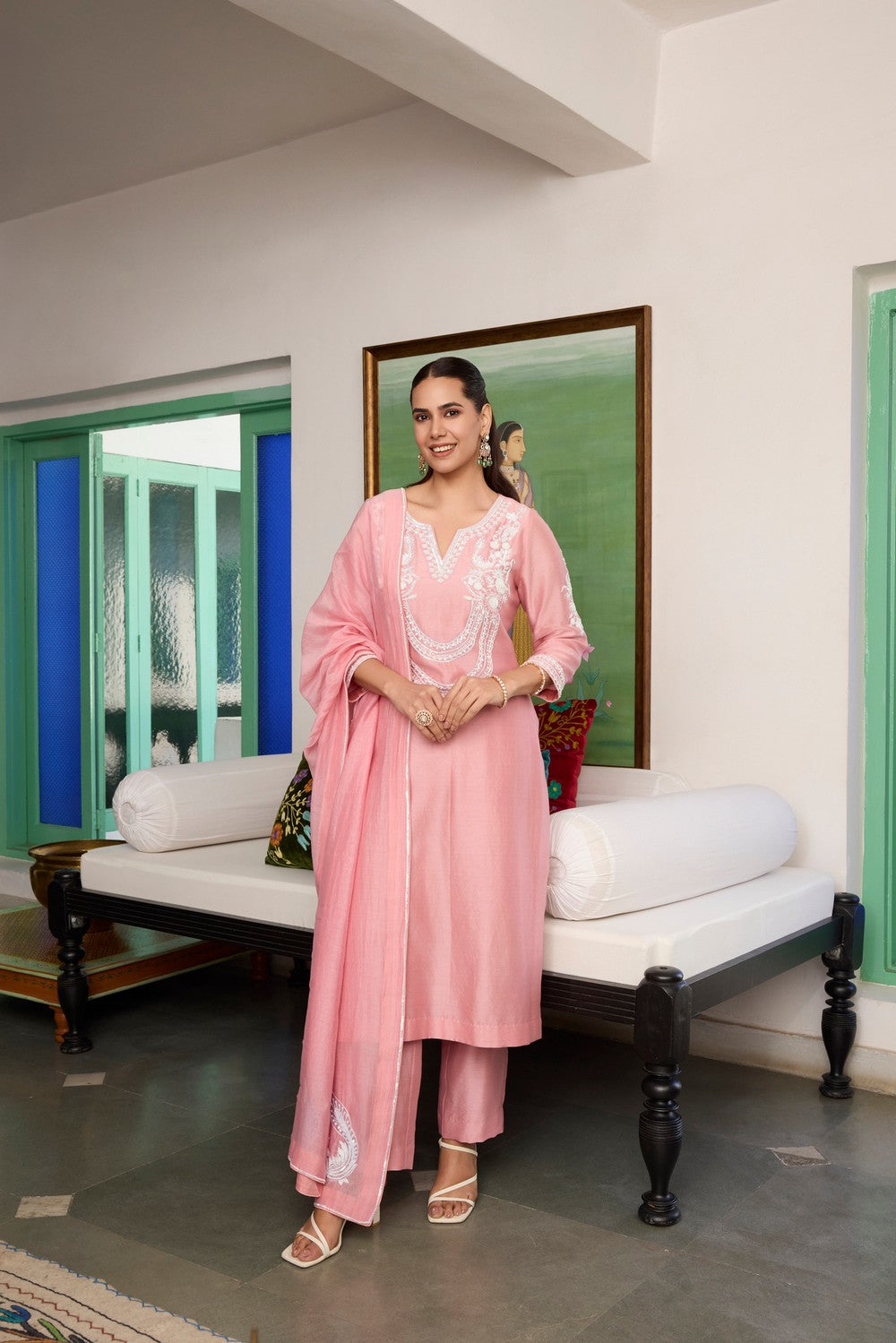 Pink Embroidered chanderi silk Suit