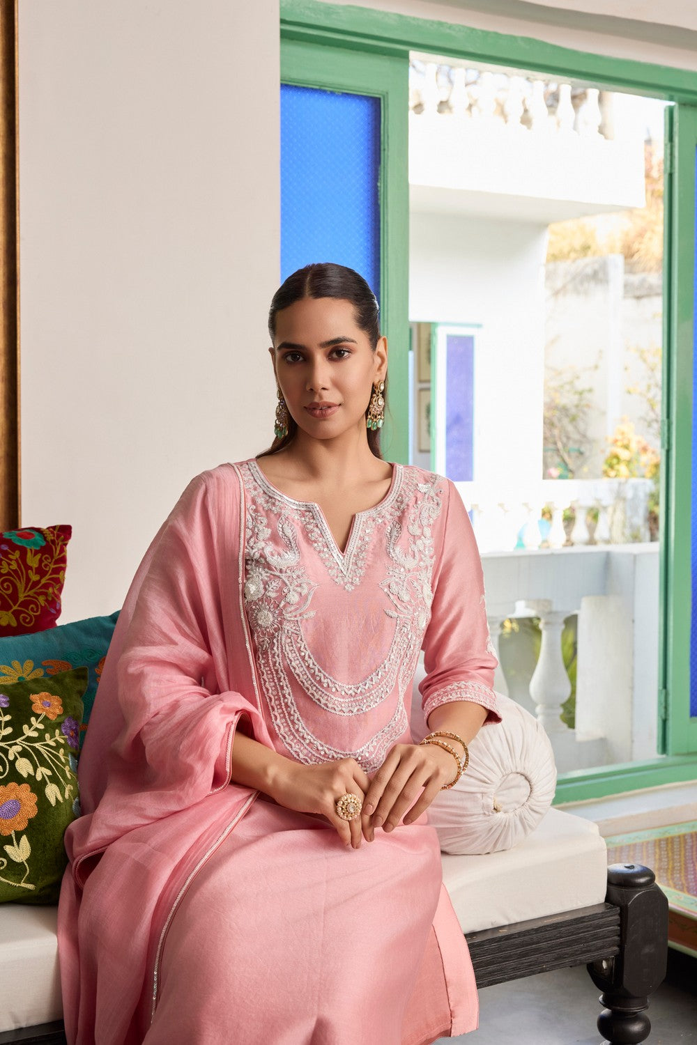 Pink Embroidered chanderi silk Suit