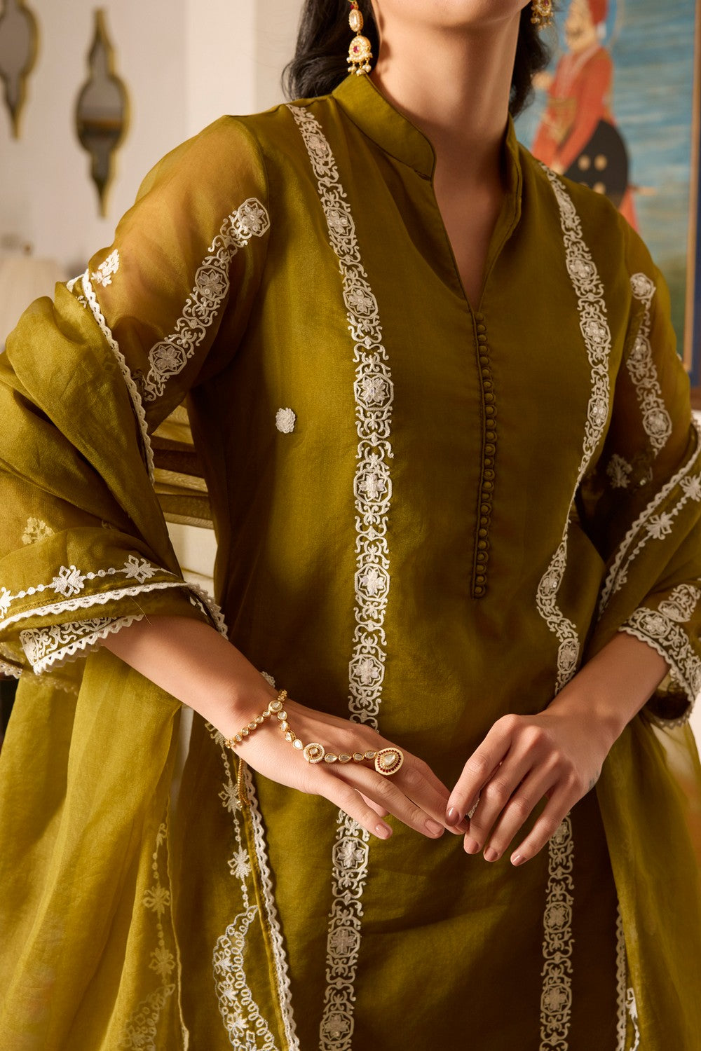 Green Embroidered organza Suit