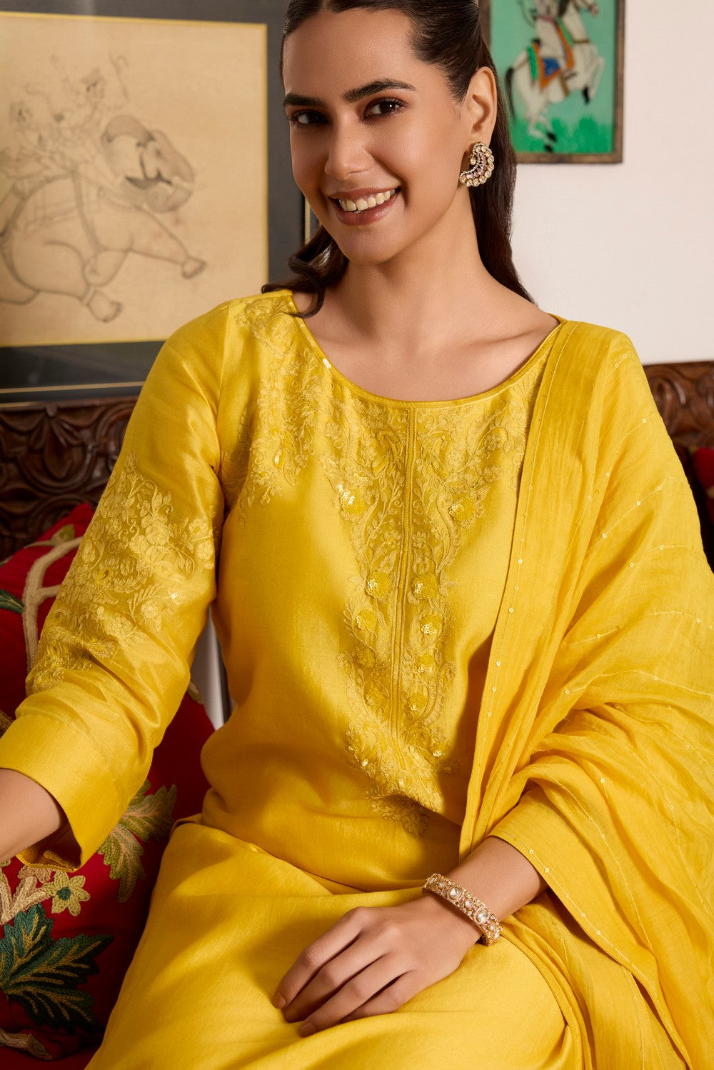 Yellow Embroidered Chanderi Silk Suit