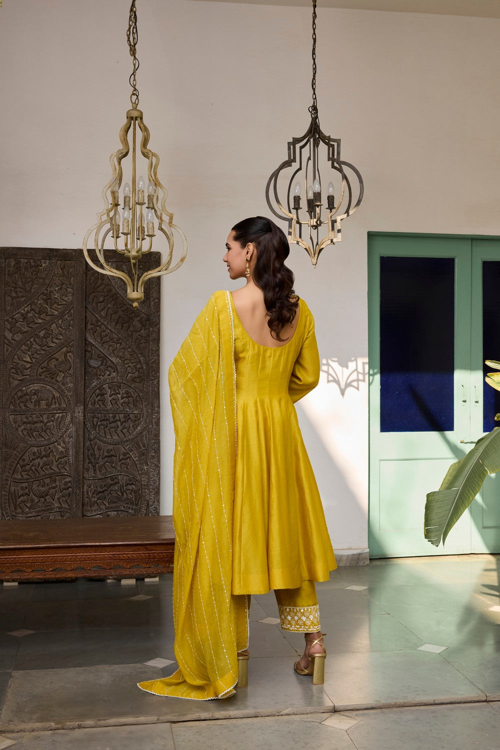 Yellow Embroidered chanderi Silk anarkali Suit