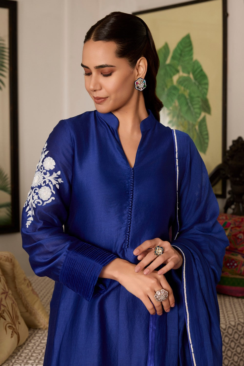 Blue Embroidered chanderi Silk Suit