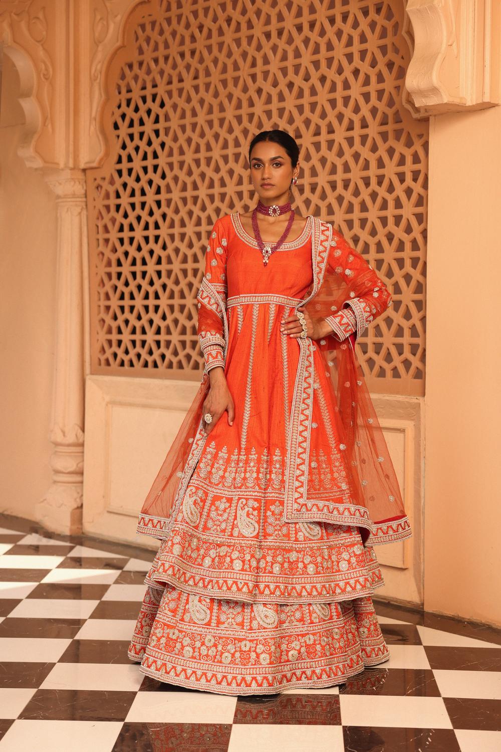 Mariyah - Orange Anarkali With Lehenga And Dupatta