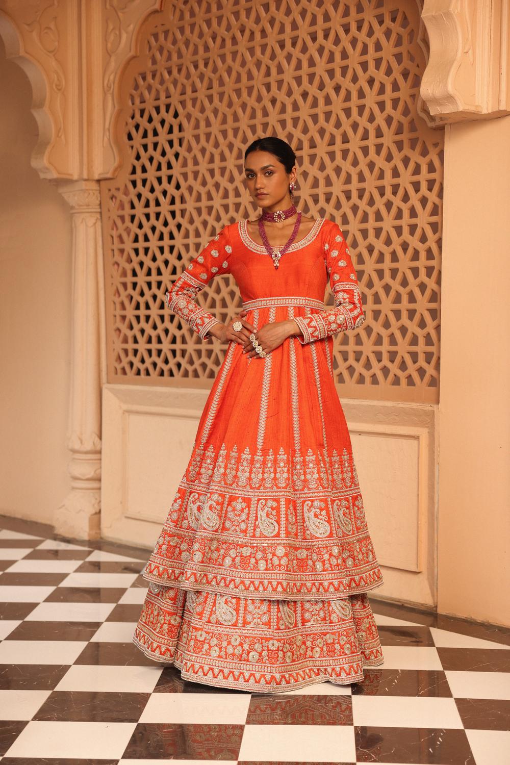 Mariyah - Orange Anarkali With Lehenga And Dupatta