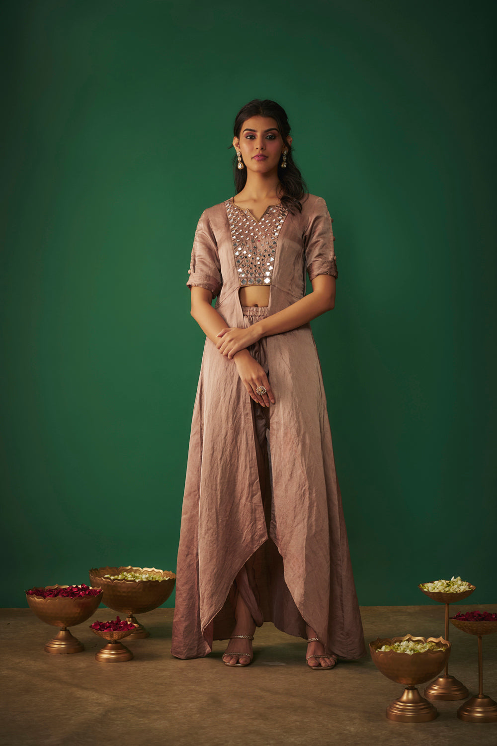 Coffee Mirror Embroidered Front Open Kurta With Dhoti Set