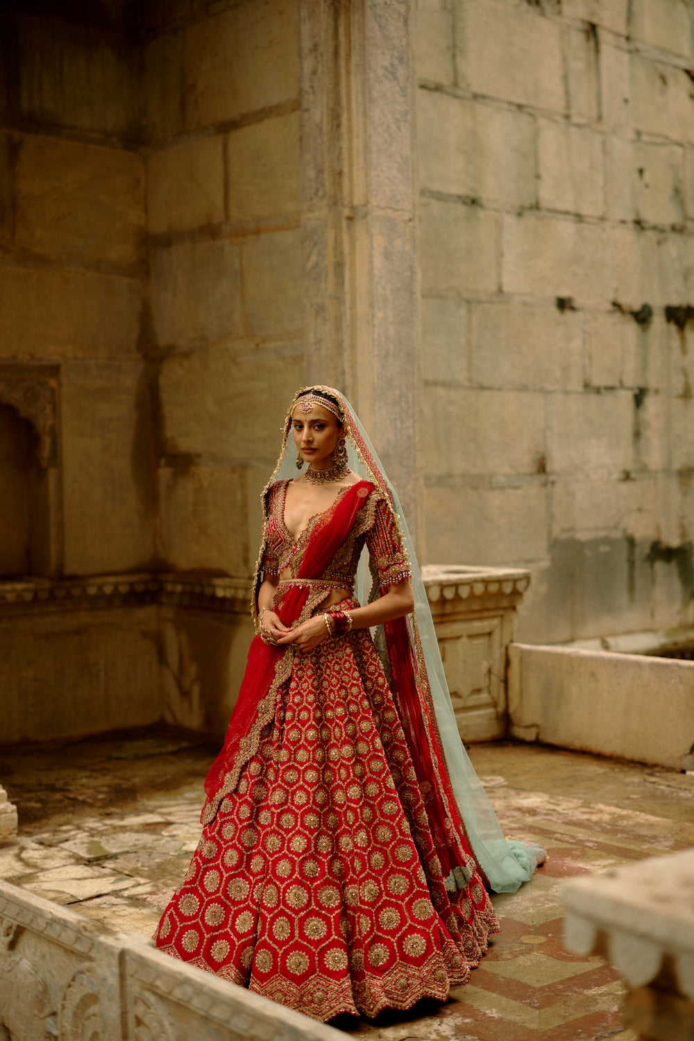 Red Hexagon Raw Silk Lehenga Set