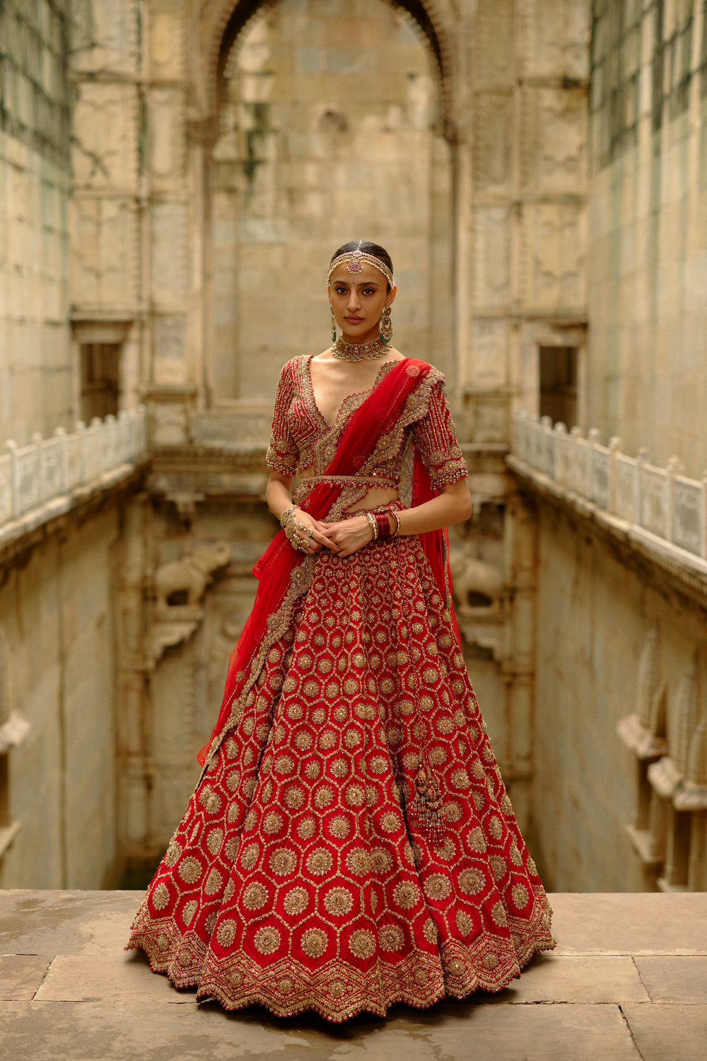 Red Hexagon Raw Silk Lehenga Set