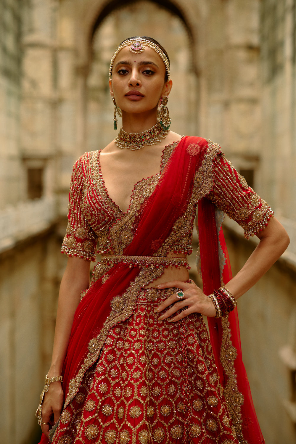 Red Hexagon Raw Silk Lehenga Set