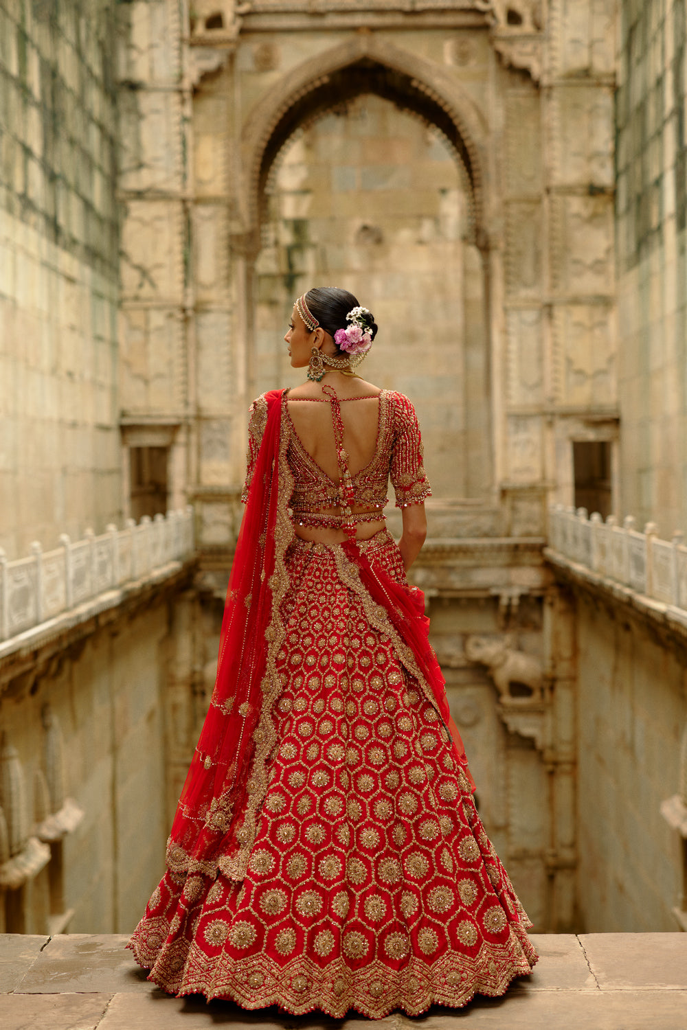 Red Hexagon Raw Silk Lehenga Set