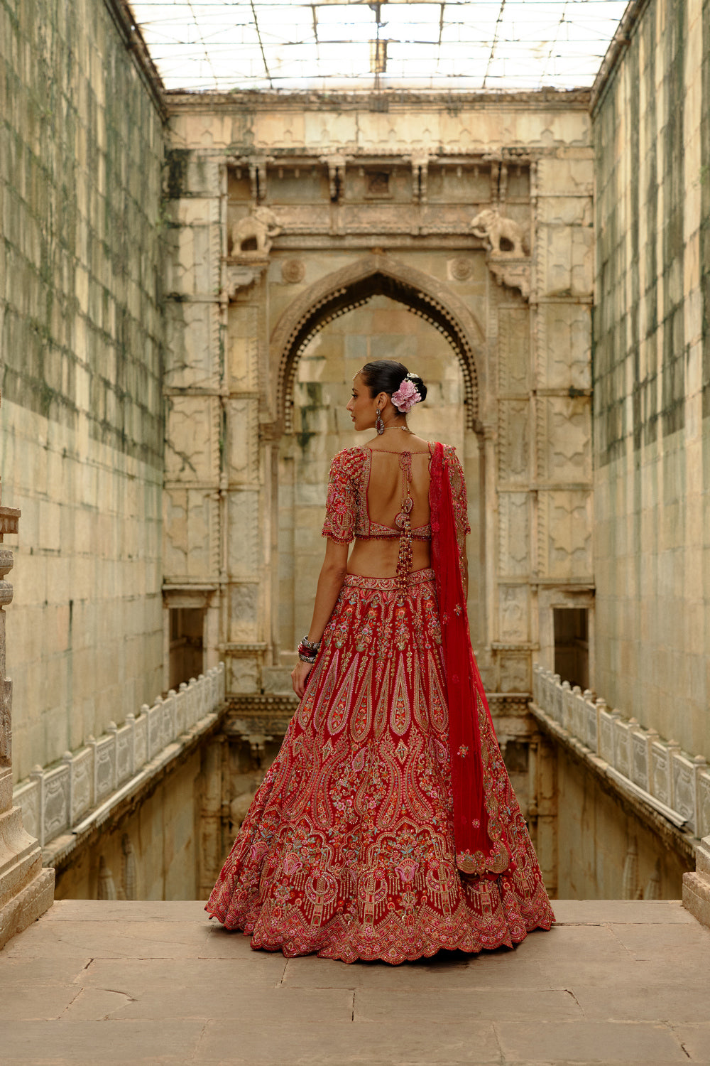 Red Raw Silk Multi-Resham Embroidery Lehenga Set