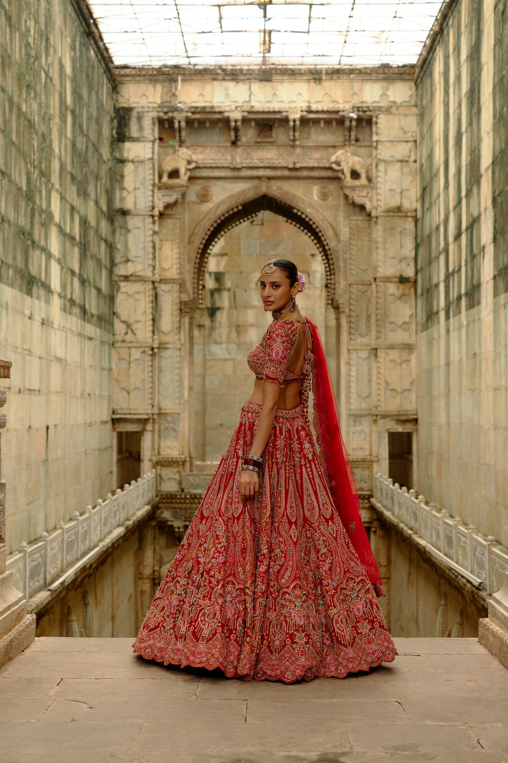 Red Raw Silk Multi-Resham Embroidery Lehenga Set