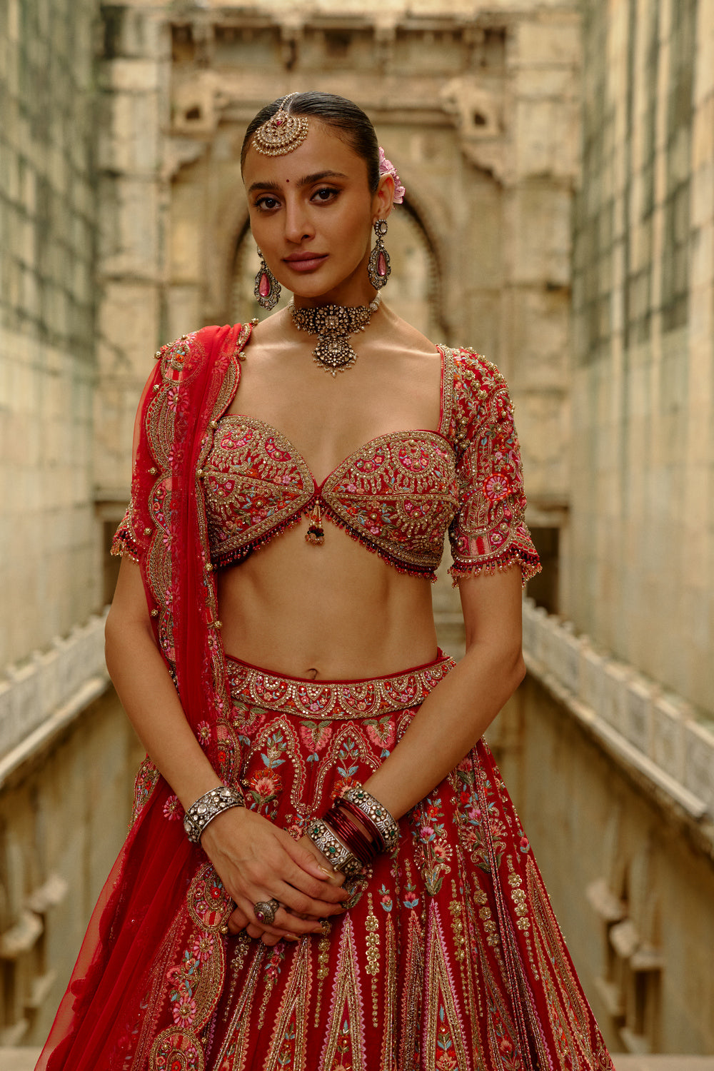 Red Raw Silk Multi-Resham Embroidery Lehenga Set