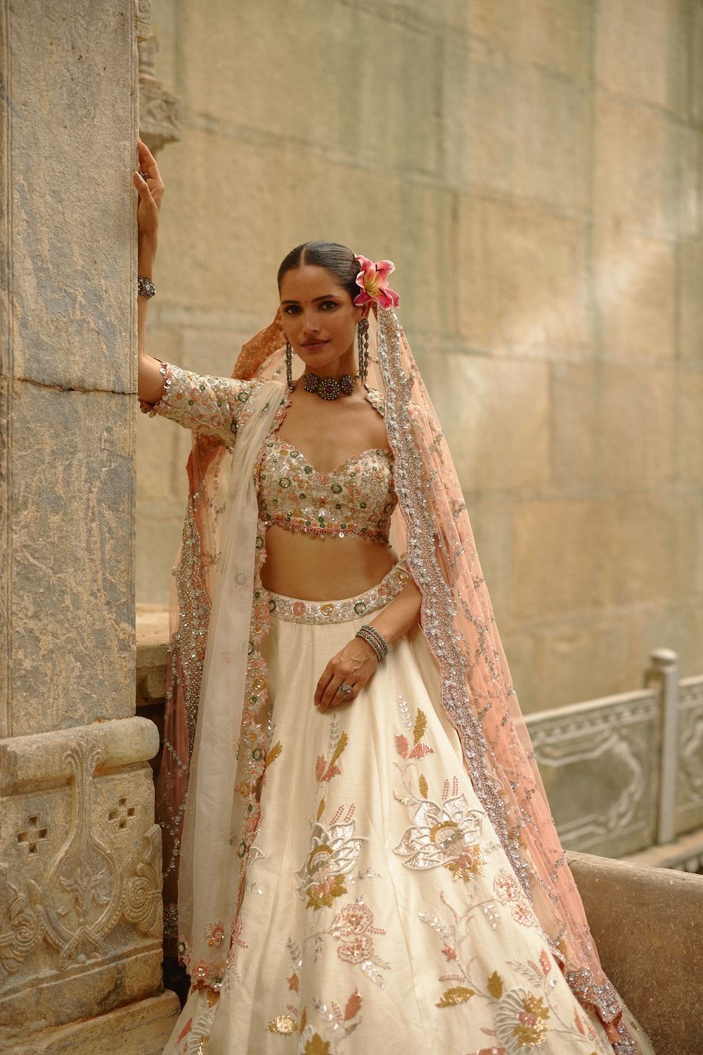 Cream Raw Silk Gota Lehenga Set