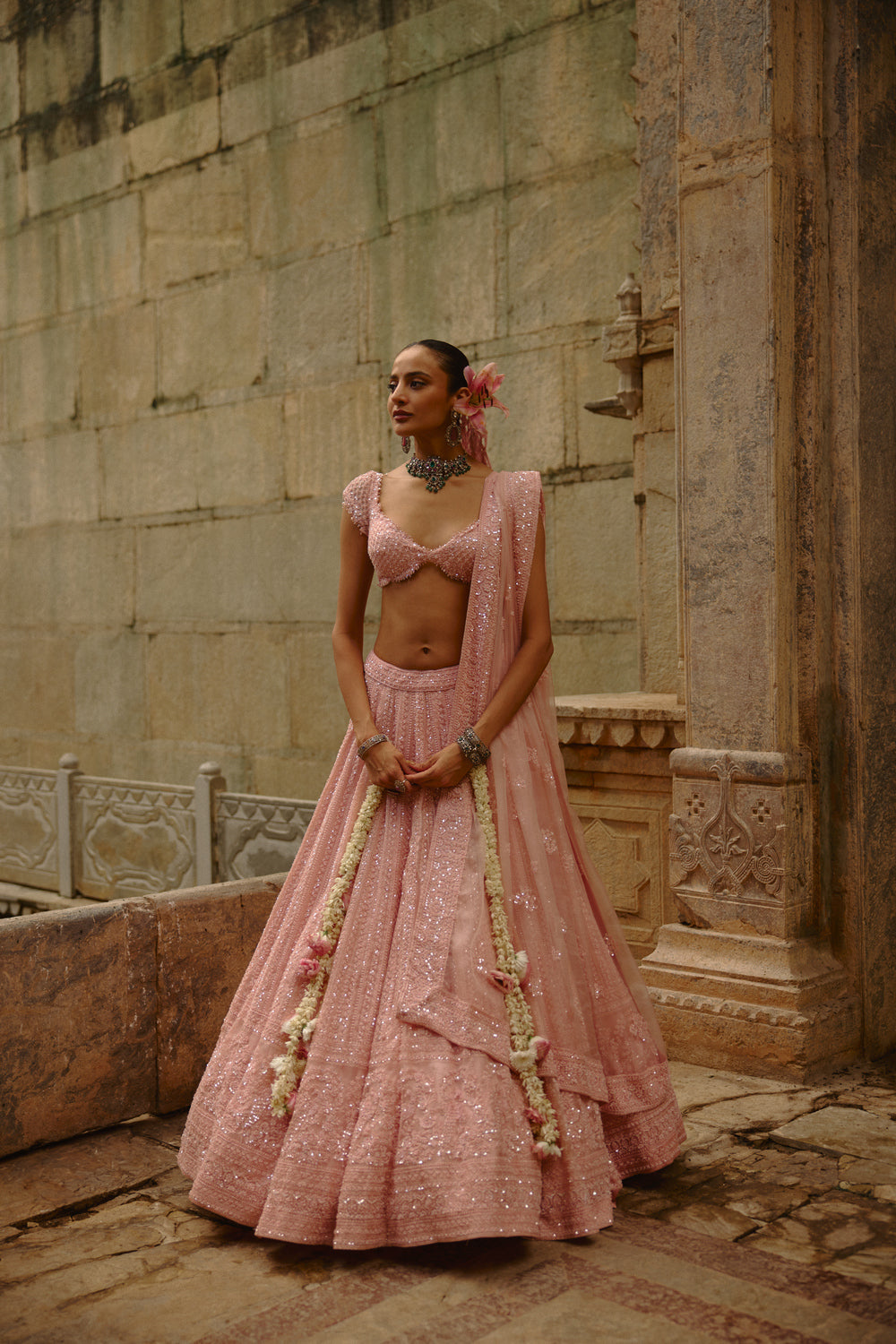 Pink Net Lehenga Set