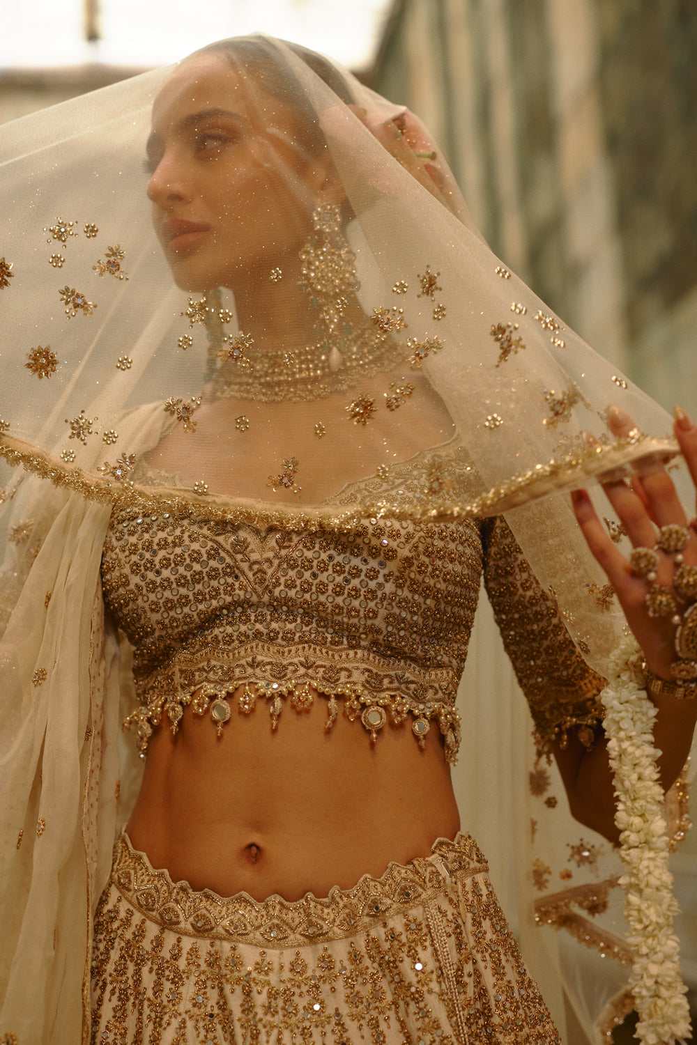 Cream Monga Lehenga Set