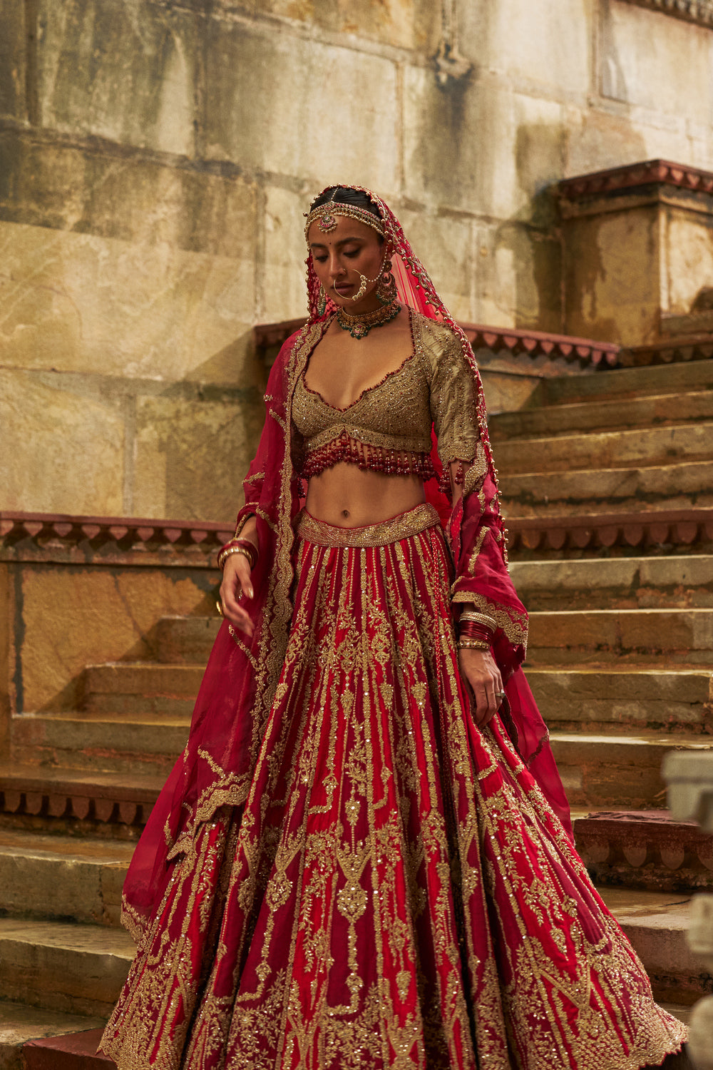 Red Maroon Raw Silk Lehenga Set