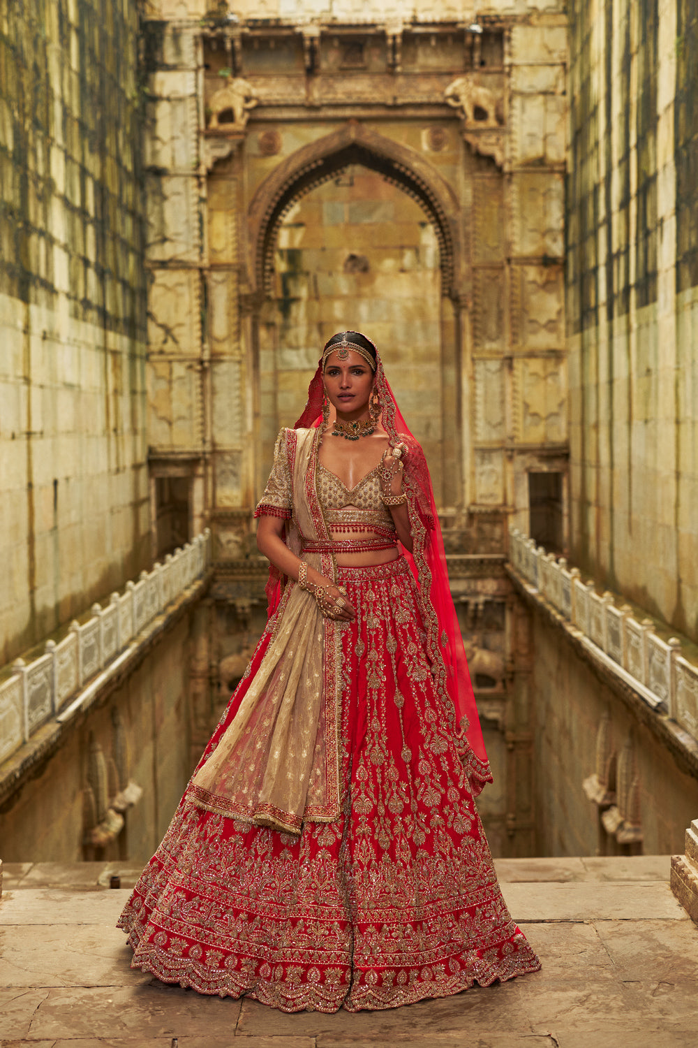 Red Raw Silk Lehenga And Gold Choli Set