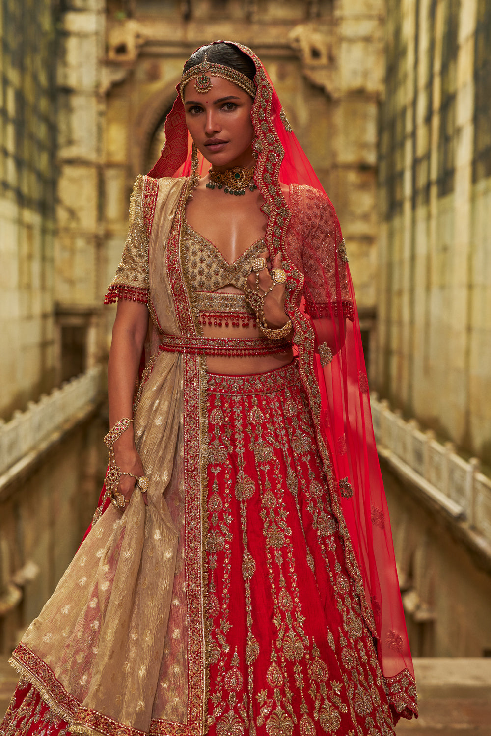 Red Raw Silk Lehenga And Gold Choli Set