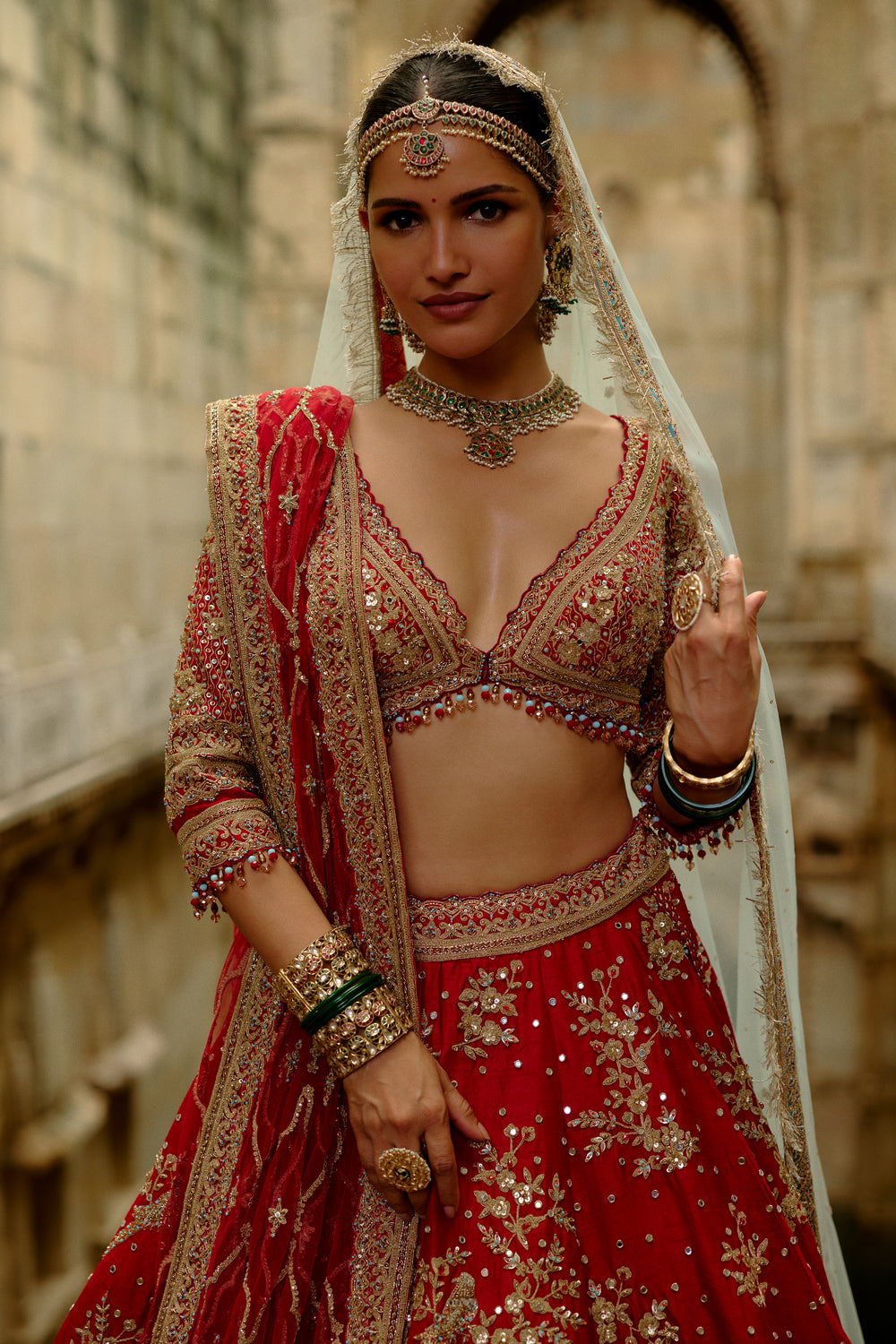 Red Raw Silk Lehenga With Multi-Bead Work