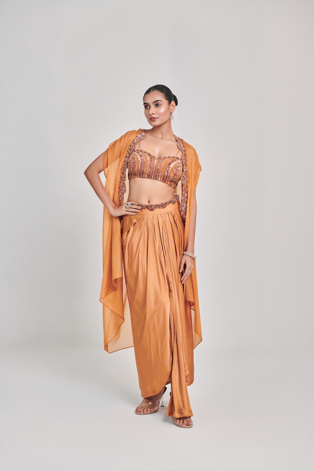 Mustard Cutowork Cape Skirt Set