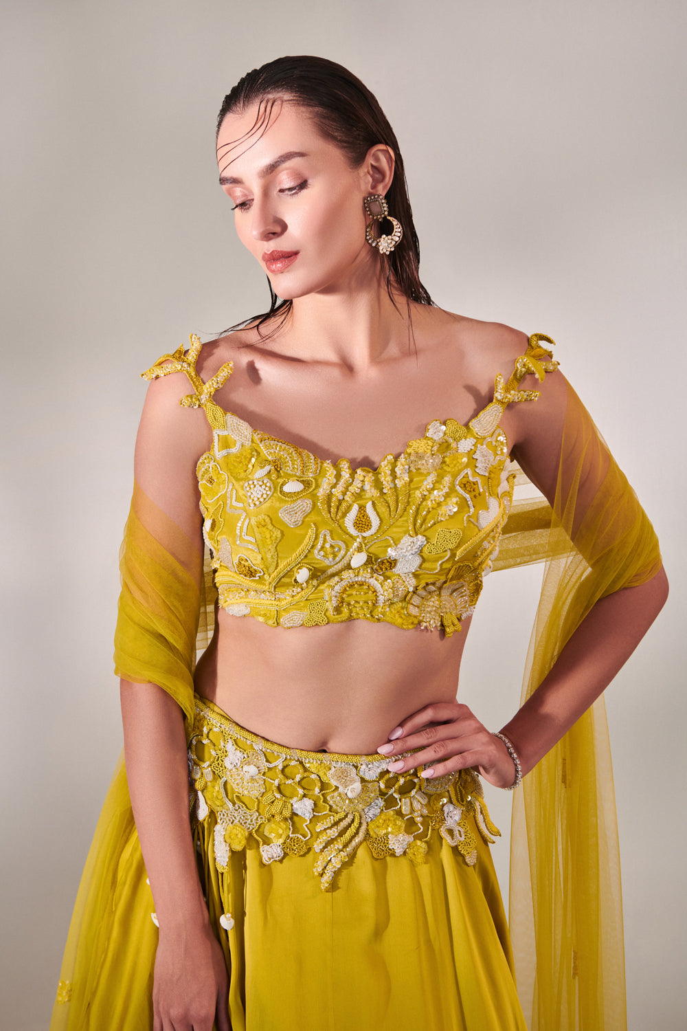 Off Shoulder Cutwork Blouse Lehenga