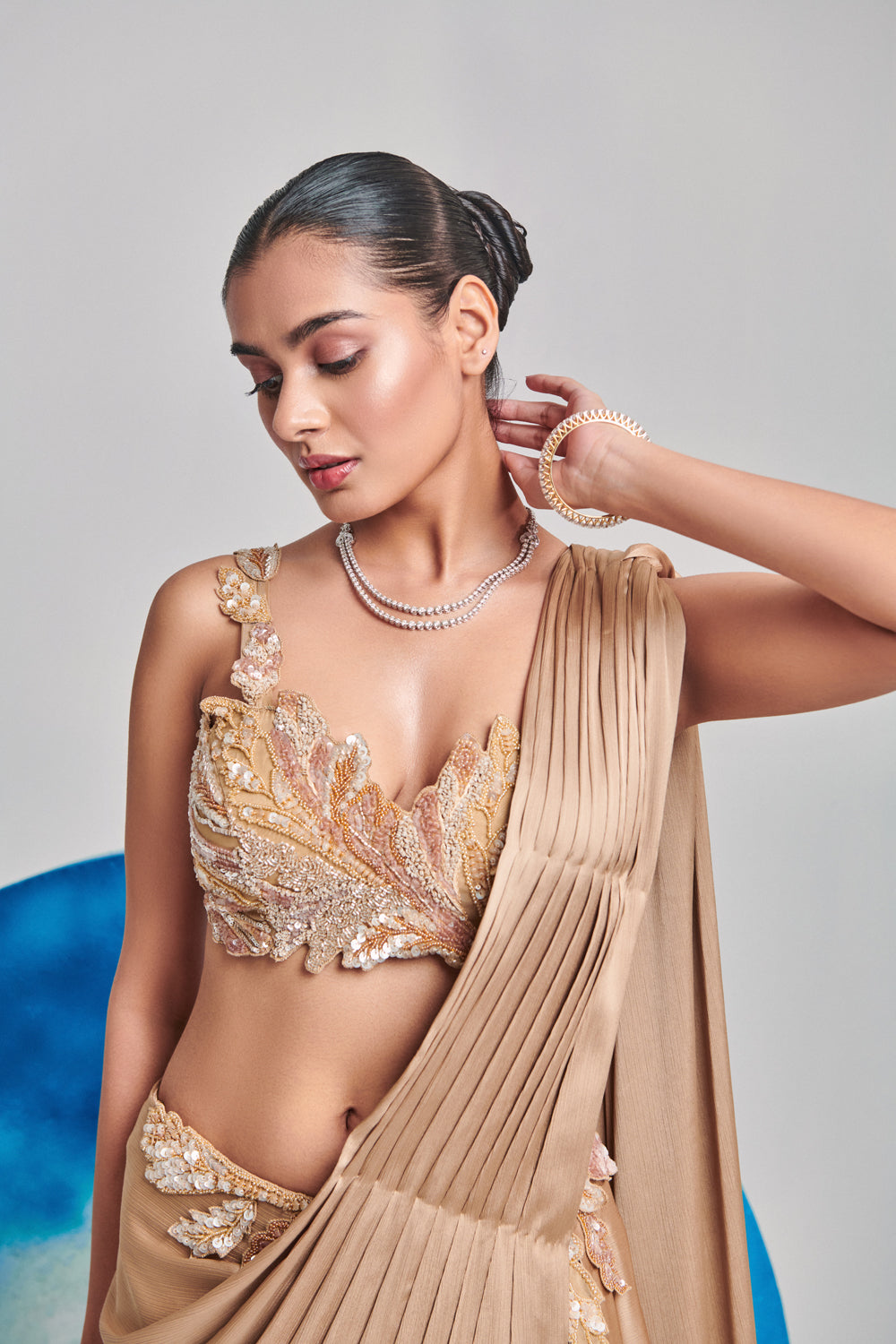 Champagne Gold Pre Stitch , Hand Pleated Drape Saree Set; Cutwork Blouse