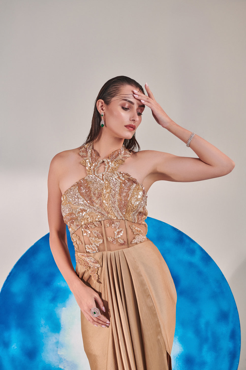 Champagne Gold Corset Halterneck Gown Cutwork Embroidery; Tie-Back Detail