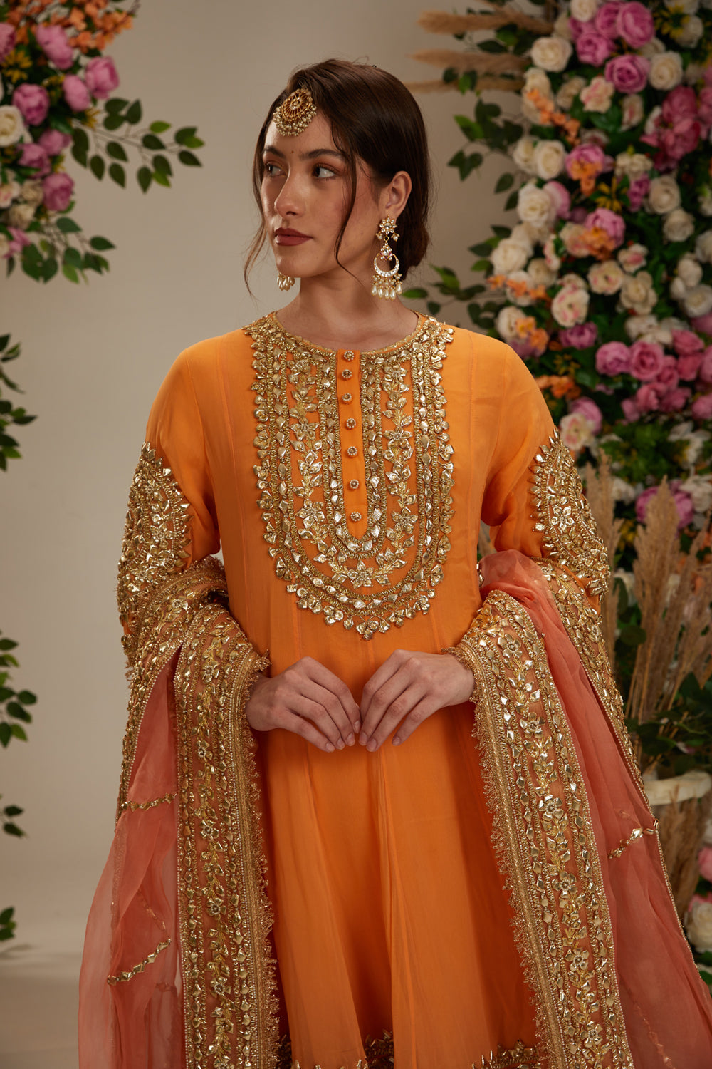 Peach Orange Long Anarkali With Matching Salwar With Organza Dupatta