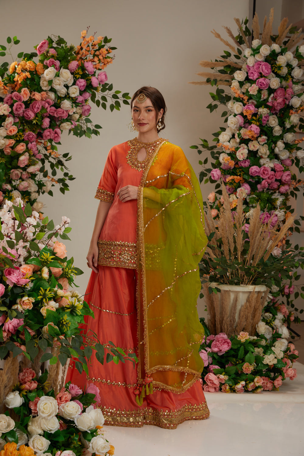 Orange Peach Kurta With Sharara And Dupatta