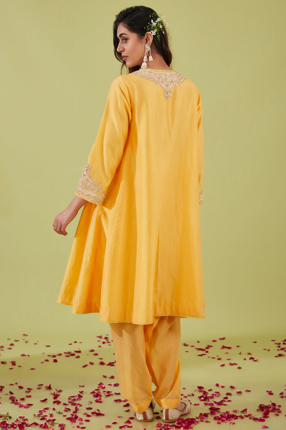 Yellow Short Kalidar Kurta With Salwar And Peach Dupatta