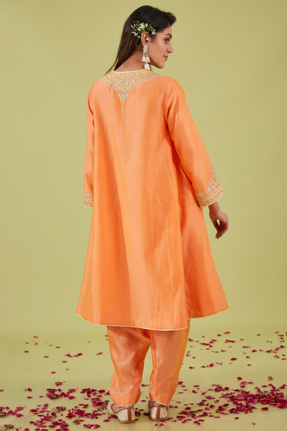 Peach Short Kalidar Kurta With Salwar And Yellow Dupatta