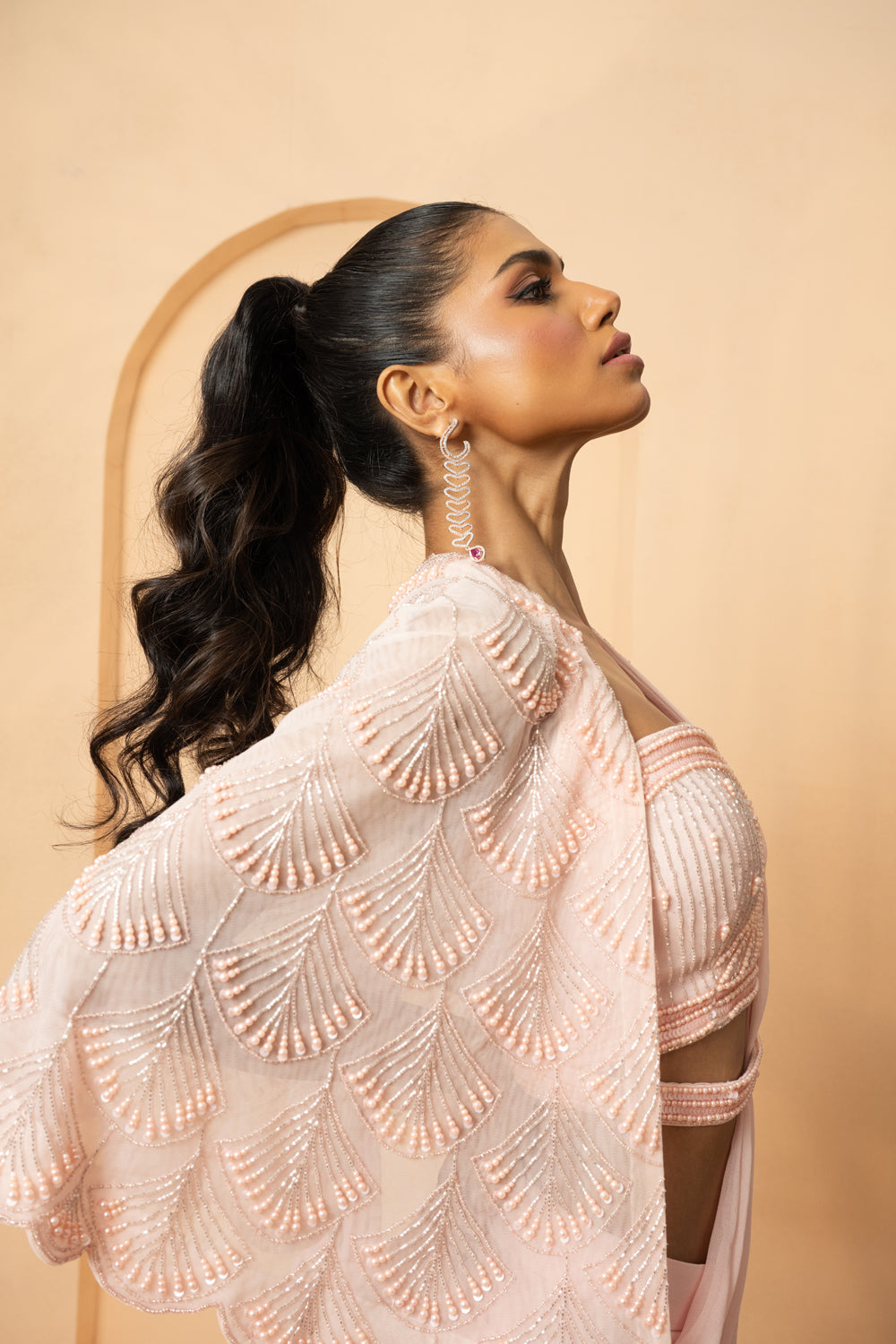 Baby Pink Pre-Stitched Drape Saree With Cape