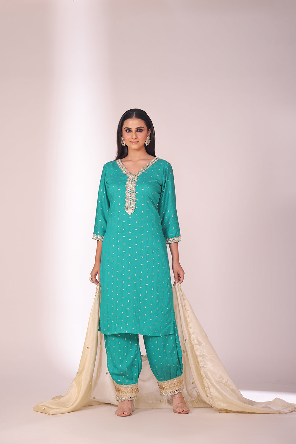 Mastani Turquoise Chanderi Kurta and Afghani Pant with dupatta- set of 3