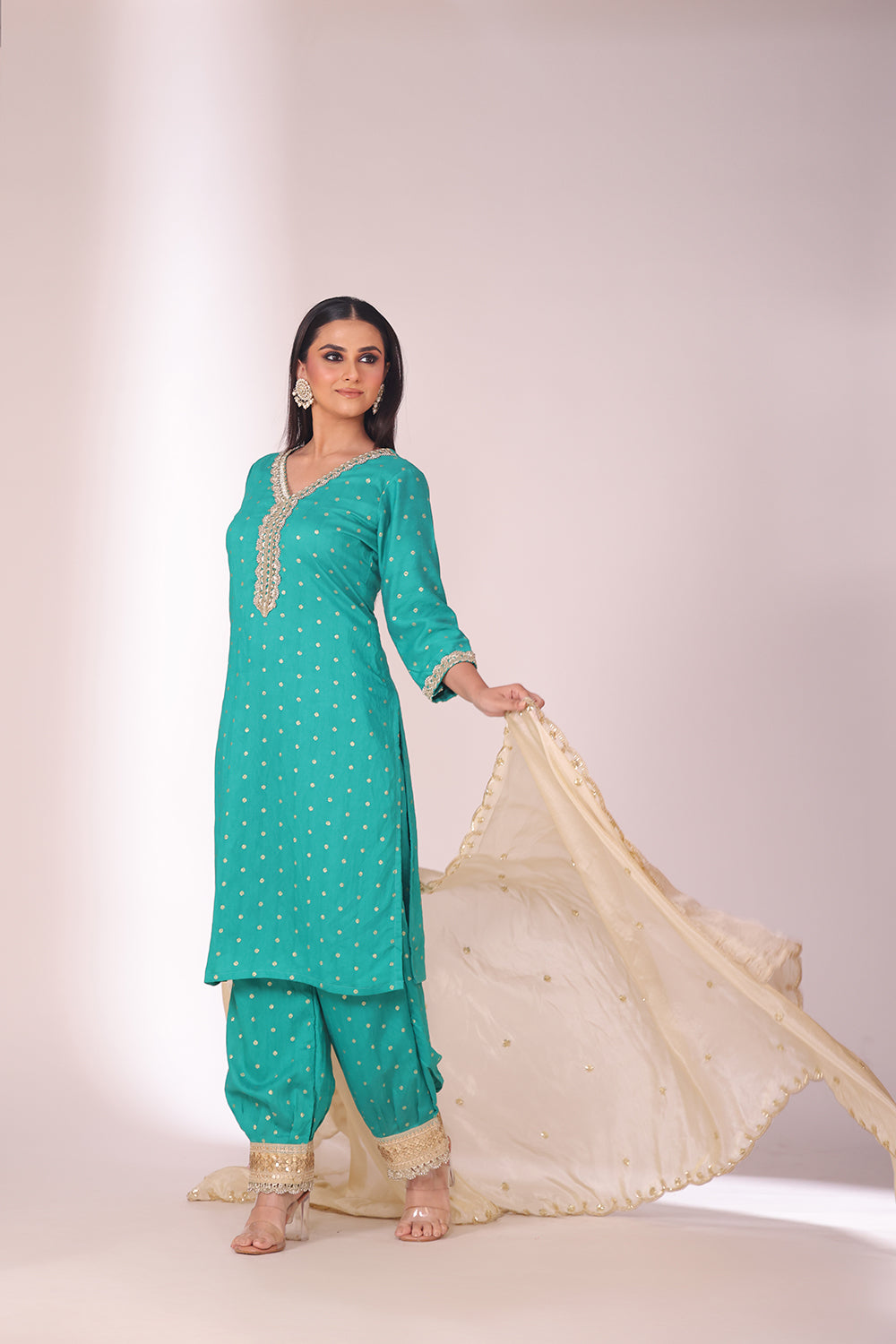 Mastani Turquoise Chanderi Kurta and Afghani Pant with dupatta- set of 3