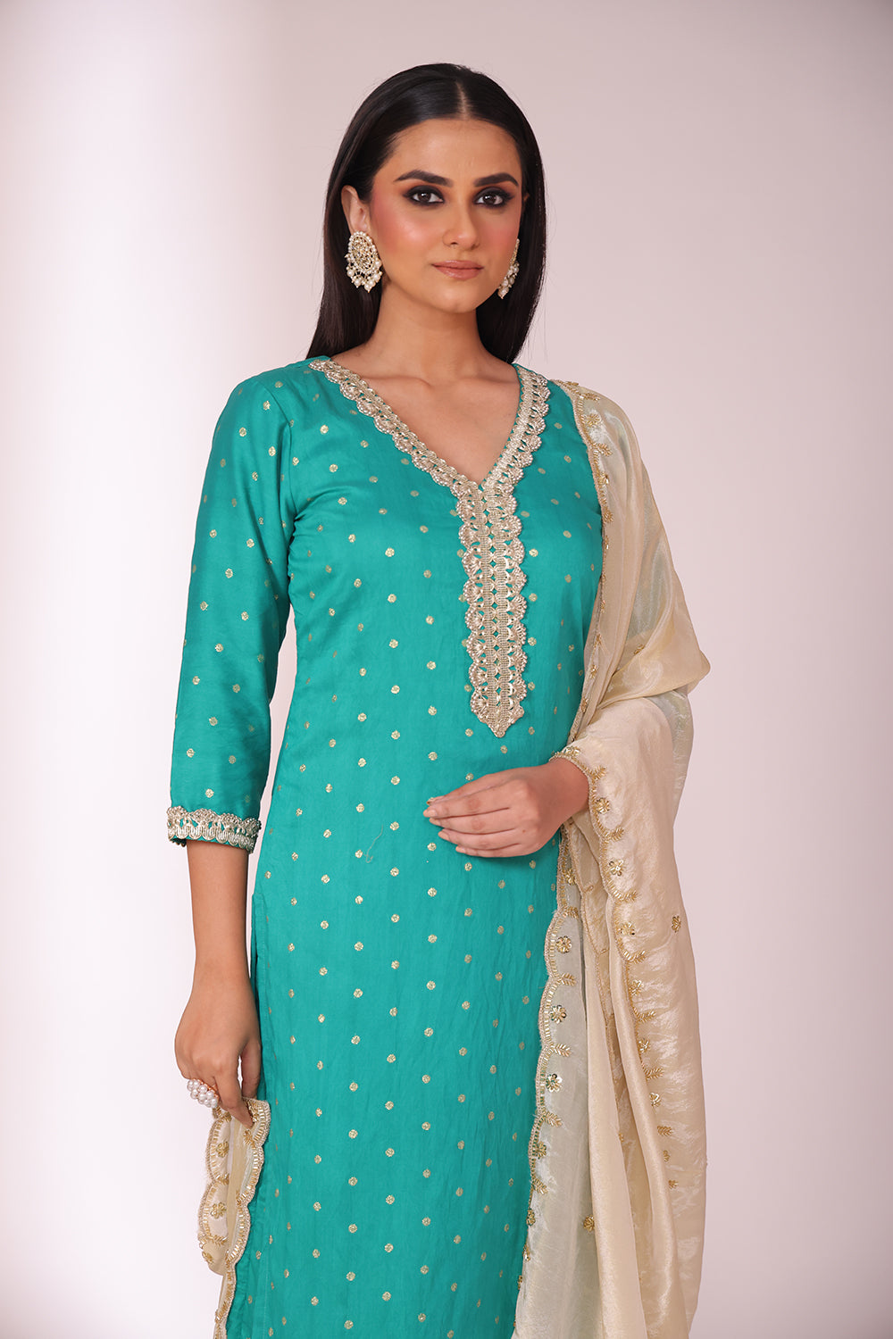 Mastani Turquoise Chanderi Kurta and Afghani Pant with dupatta- set of 3